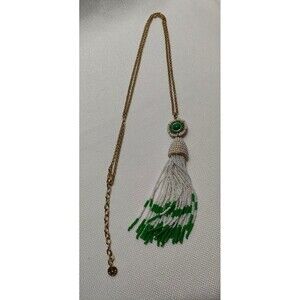 Talbots Green & White Seed bead Tassel Pendant Gold Tone Necklace 30 in BOHO